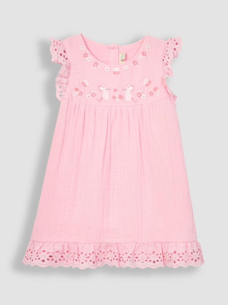 JoJo Maman Bébé Pink Mouse 2-Piece Broderie Cheesecloth Dress & Hat Set - Image 2 of 5