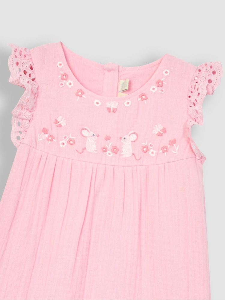 JoJo Maman Bébé Pink Mouse 2-Piece Broderie Cheesecloth Dress & Hat Set - Image 5 of 5
