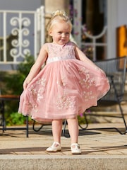 JoJo Maman Bébé Pink Flower Embroidered Tulle Party Dress - Image 1 of 4