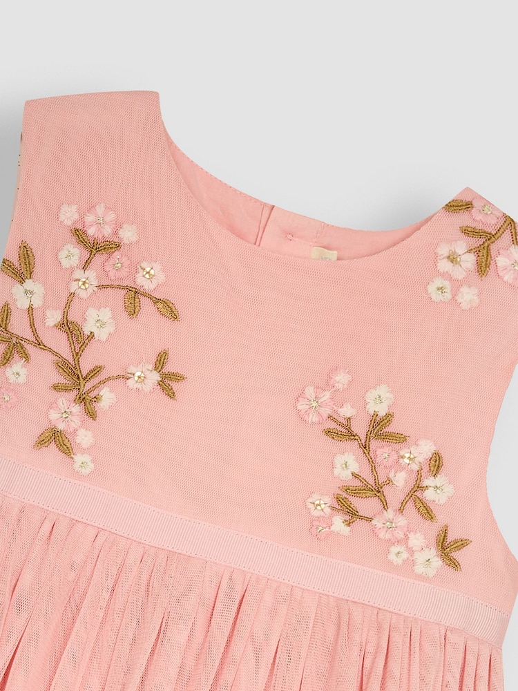 JoJo Maman Bébé Pink Flower Embroidered Tulle Party Dress - Image 4 of 4
