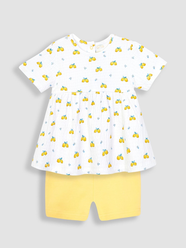 JoJo Maman Bébé White 2-Piece Crinkle Cotton Lemon Top & Shorts Set - Image 1 of 4