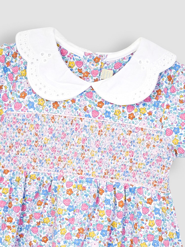 JoJo Maman Bébé Pink Strawberry Floral Broderie Collar Dress - Image 1 of 1