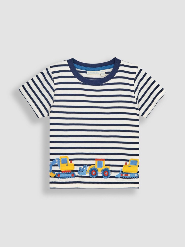 JoJo Maman Bébé Ecru Navy Stripe Digger Appliqué Border T-Shirt - Image 1 of 5