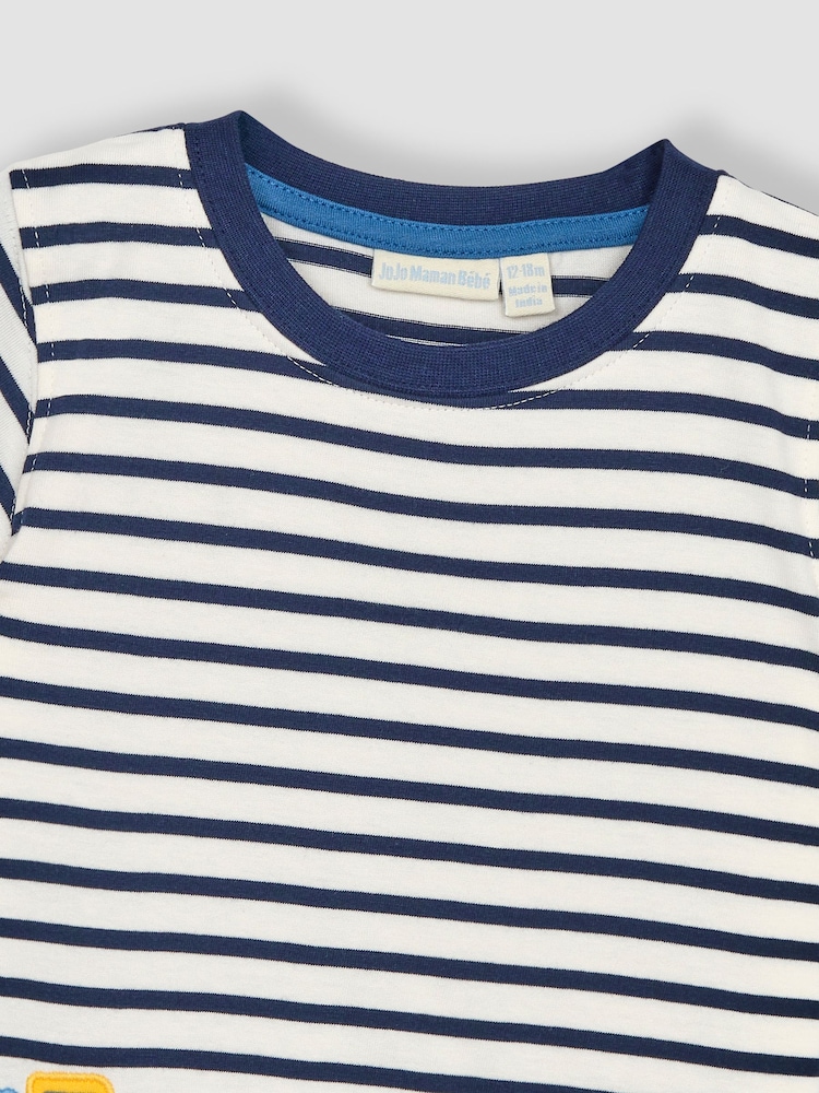 JoJo Maman Bébé Ecru Navy Stripe Digger Appliqué Border T-Shirt - Image 2 of 5