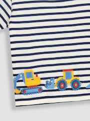 JoJo Maman Bébé Ecru Navy Stripe Digger Appliqué Border T-Shirt - Image 3 of 5