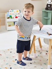 JoJo Maman Bébé Ecru Navy Stripe Digger Appliqué Border T-Shirt - Image 4 of 5