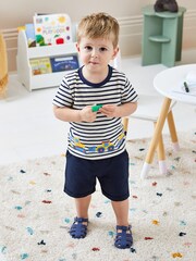 JoJo Maman Bébé Ecru Navy Stripe Digger Appliqué Border T-Shirt - Image 5 of 5