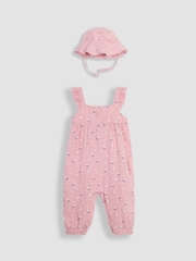 JoJo Maman Bébé Pink Floral 2-Piece Cheesecloth Jumpsuit & Hat Set - Image 1 of 5