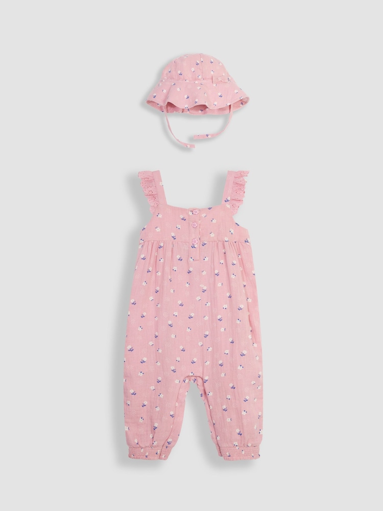 JoJo Maman Bébé Pink Floral 2-Piece Cheesecloth Jumpsuit & Hat Set - Image 1 of 5