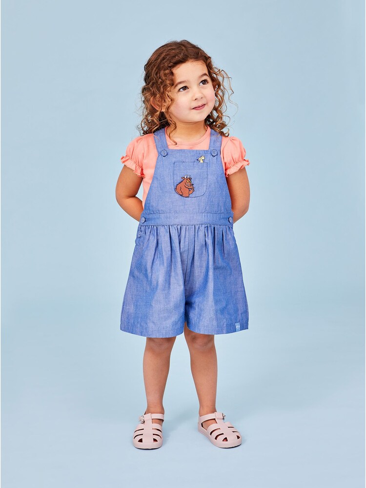 JoJo Maman Bébé Chambray The Gruffalo Appliqué Pocket Culotte Dungarees - Image 1 of 7 JoJo Maman Bébé Chambray The Gruffalo Appliqué Pocket Culotte Dungarees - Image 1 of 7