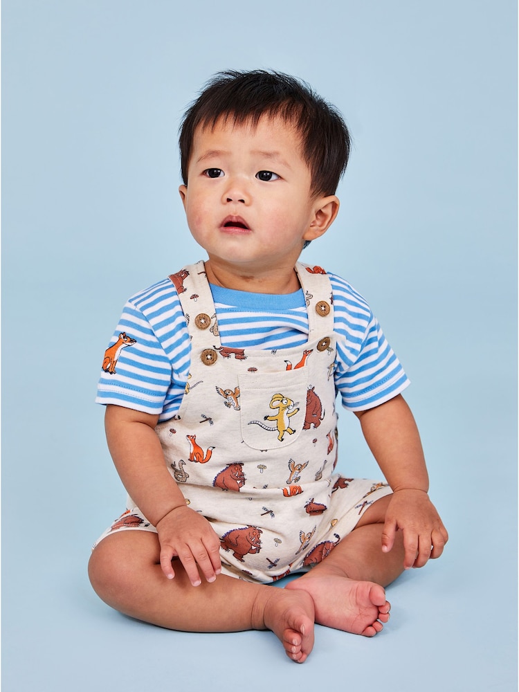JoJo Maman Bébé Stone 2-Piece Gruffalo Dungarees & Stripe T-Shirt Set - Image 1 of 6