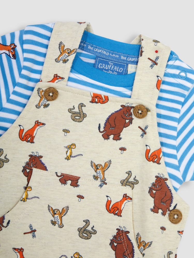 JoJo Maman Bébé Stone 2-Piece Gruffalo Dungarees & Stripe T-Shirt Set - Image 6 of 6