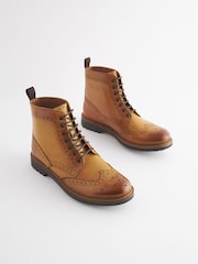 Joules Brown Leather Cleated Brogue Boots - Image 1 of 6