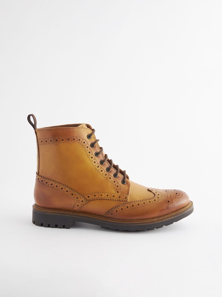 Joules Brown Leather Cleated Brogue Boots - Image 2 of 6