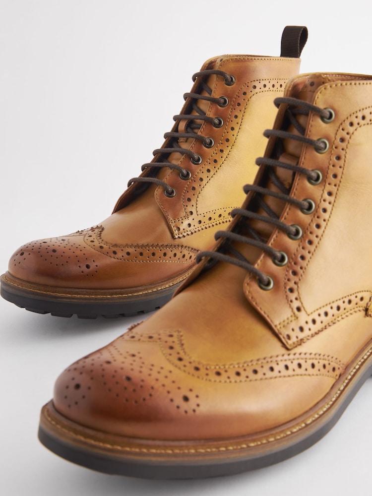 Joules Brown Leather Cleated Brogue Boots - Image 4 of 6