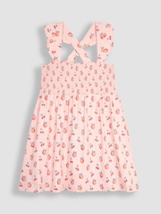 JoJo Maman Bébé Pink Peach & Cherry Cross Back Smocked Jersey Dress - Image 1 of 5