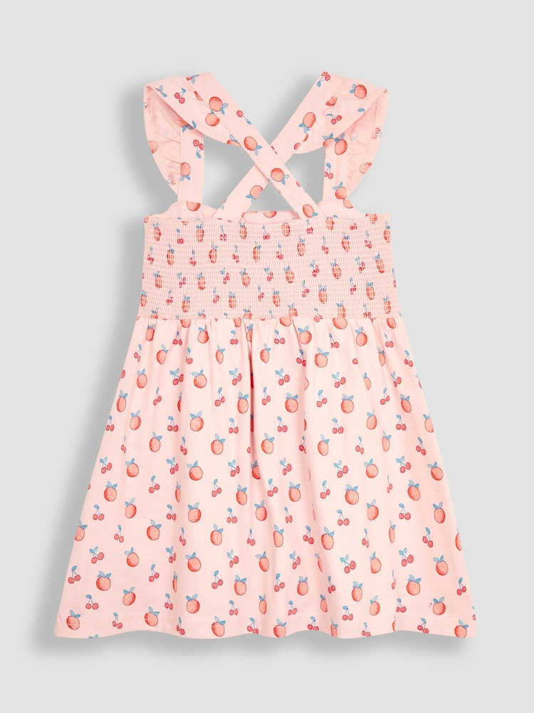 JoJo Maman Bébé Pink Peach & Cherry Cross Back Smocked Jersey Dress - Image 2 of 5