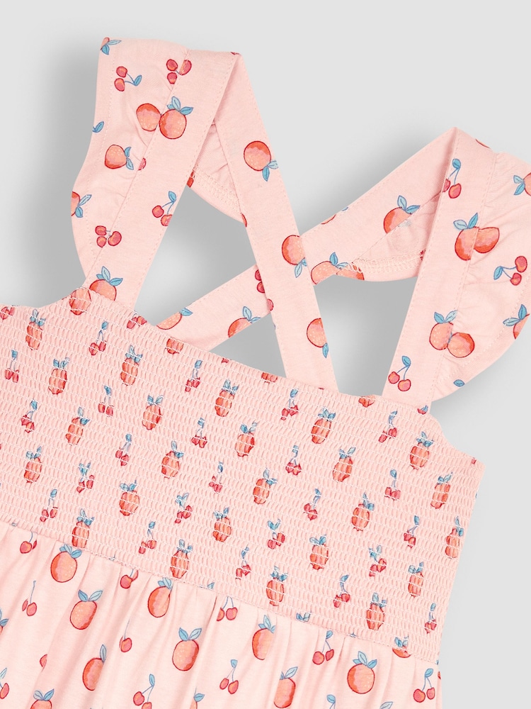 JoJo Maman Bébé Pink Peach & Cherry Cross Back Smocked Jersey Dress - Image 5 of 5