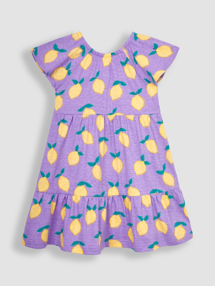 JoJo Maman Bébé Lilac Purple Lemon Ruffle Sleeve Tiered Jersey Dress - Image 1 of 3