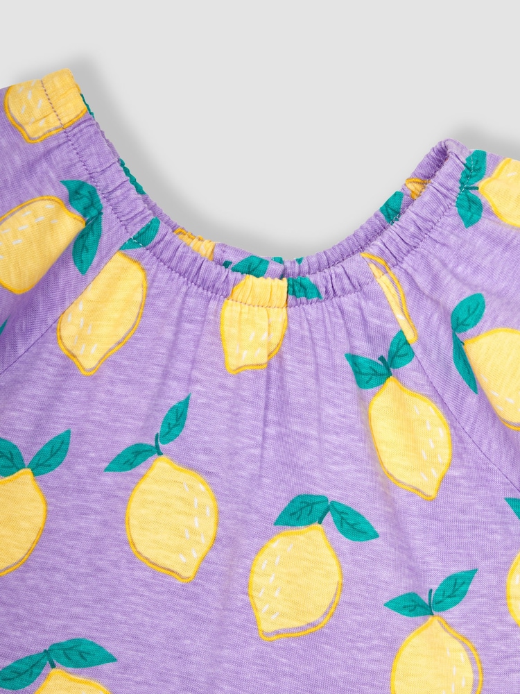 JoJo Maman Bébé Lilac Purple Lemon Ruffle Sleeve Tiered Jersey Dress - Image 2 of 3