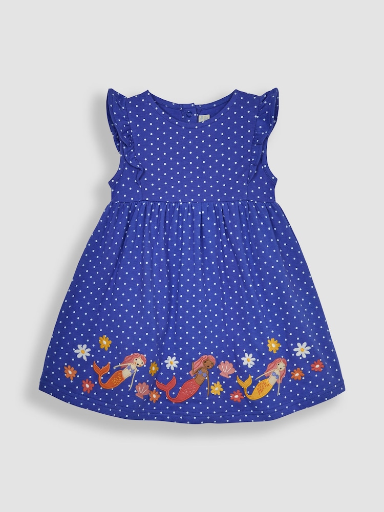 JoJo Maman Bébé Blue Mermaid Appliqué Frill Shoulder Pretty Summer Jersey Dress - Image 1 of 3