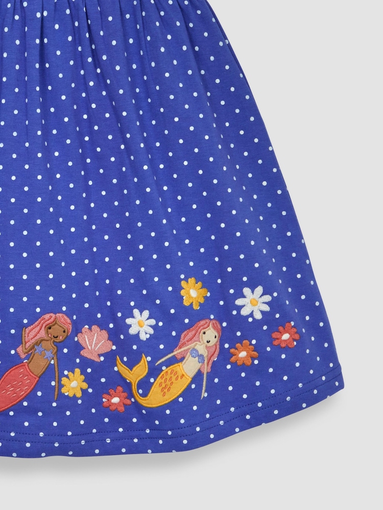 JoJo Maman Bébé Blue Mermaid Appliqué Frill Shoulder Pretty Summer Jersey Dress - Image 3 of 3