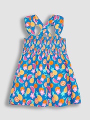 JoJo Maman Bébé Cobalt Blue Summer Fruits Cross Back Smocked Jersey Dress - Image 1 of 3