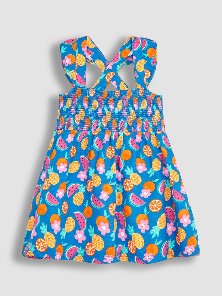 JoJo Maman Bébé Cobalt Blue Summer Fruits Cross Back Smocked Jersey Dress - Image 1 of 3