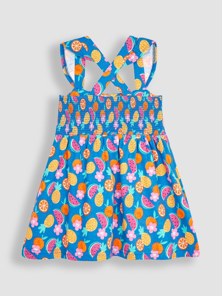 JoJo Maman Bébé Cobalt Blue Summer Fruits Cross Back Smocked Jersey Dress - Image 2 of 3