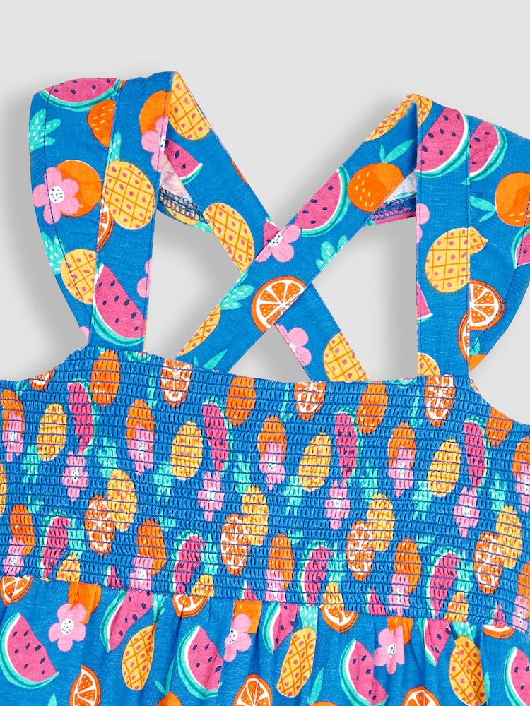 JoJo Maman Bébé Cobalt Blue Summer Fruits Cross Back Smocked Jersey Dress - Image 3 of 3