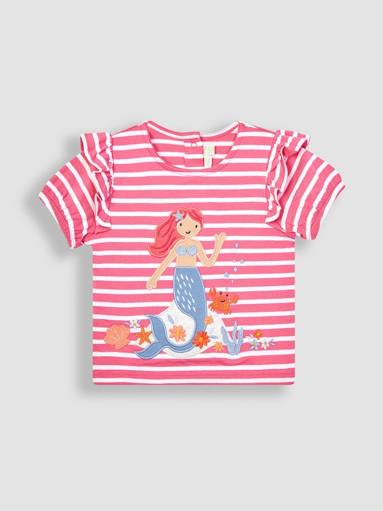 JoJo Maman Bébé Raspberry Pink Mermaid Appliqué Frill Sleeve T-Shirt - Image 1 of 3