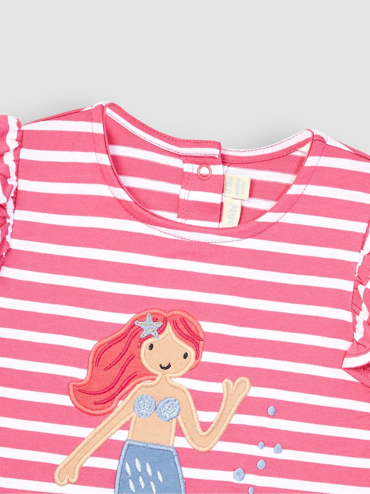 JoJo Maman Bébé Raspberry Pink Mermaid Appliqué Frill Sleeve T-Shirt - Image 2 of 3