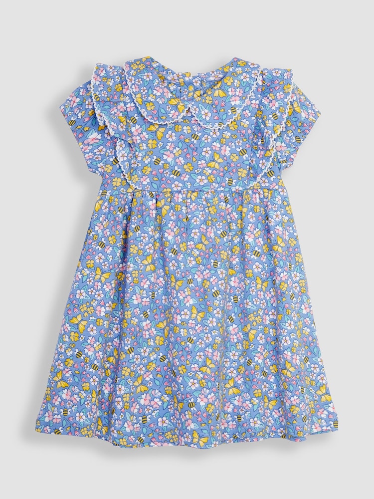 JoJo Maman Bébé Blue Flower & Bee Peter Pan Ruffle Tea Jersey Dress - Image 1 of 3