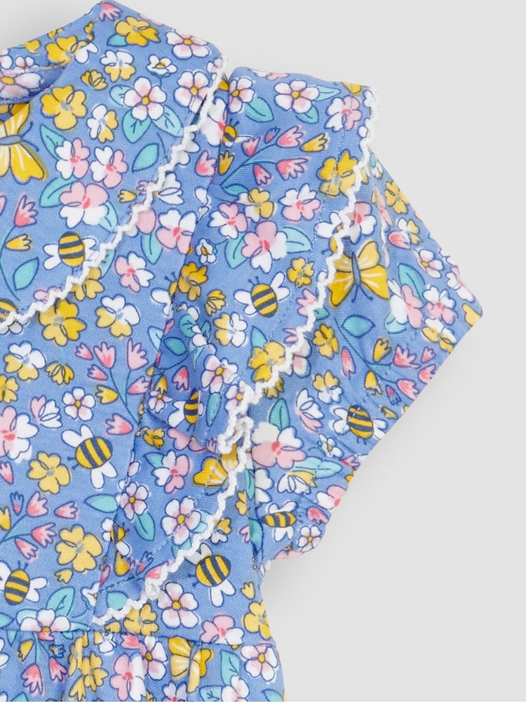 JoJo Maman Bébé Blue Flower & Bee Peter Pan Ruffle Tea Jersey Dress - Image 2 of 3