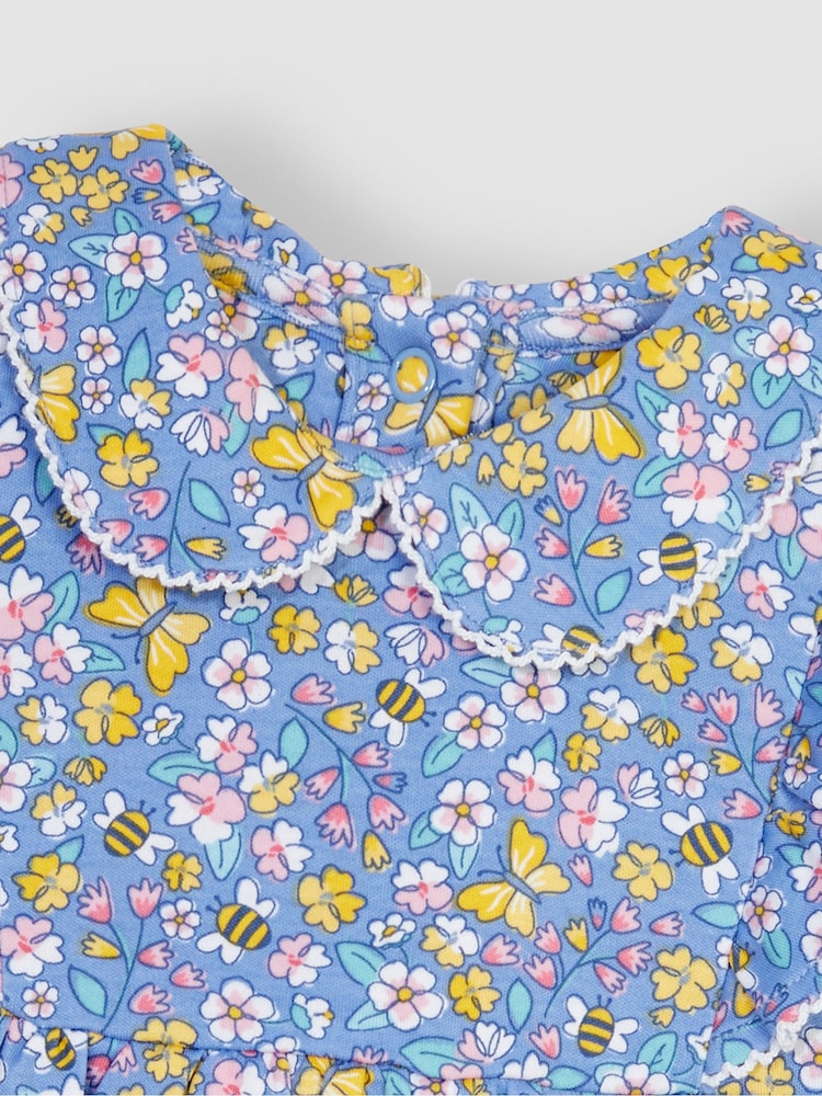 JoJo Maman Bébé Blue Flower & Bee Peter Pan Ruffle Tea Jersey Dress - Image 3 of 3