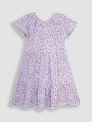 JoJo Maman Bébé Pink Pastel Ditsy Floral Ruffle Sleeve Tiered Jersey Dress - Image 1 of 3