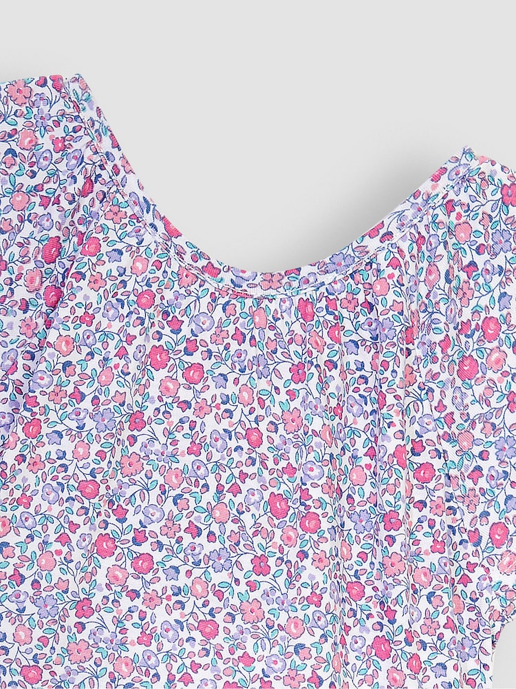 JoJo Maman Bébé Pink Pastel Ditsy Floral Ruffle Sleeve Tiered Jersey Dress - Image 2 of 3