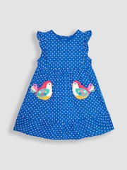 JoJo Maman Bébé Blue Bird Appliqué Frill Shoulder Pretty Summer Jersey Dress - Image 1 of 3