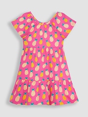 JoJo Maman Bébé Fuchsia Pink Pineapple Ruffle Sleeve Tiered Jersey Dress - Image 1 of 3