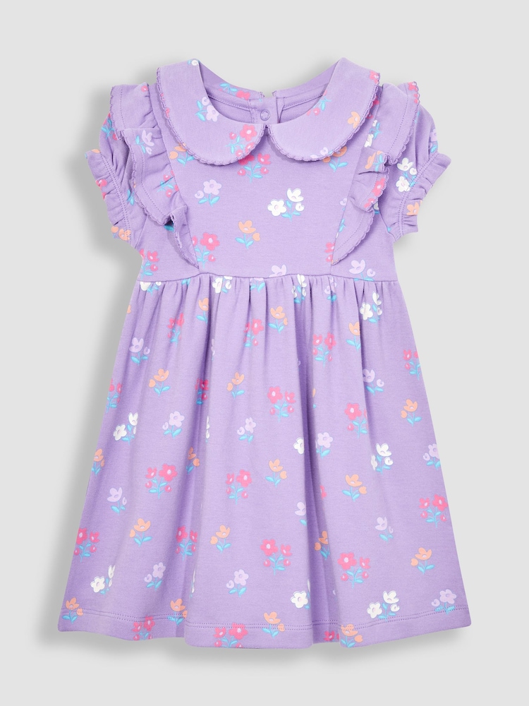 JoJo Maman Bébé Lilac Purple Floral Peter Pan Ruffle Tea Jersey Dress - Image 1 of 3