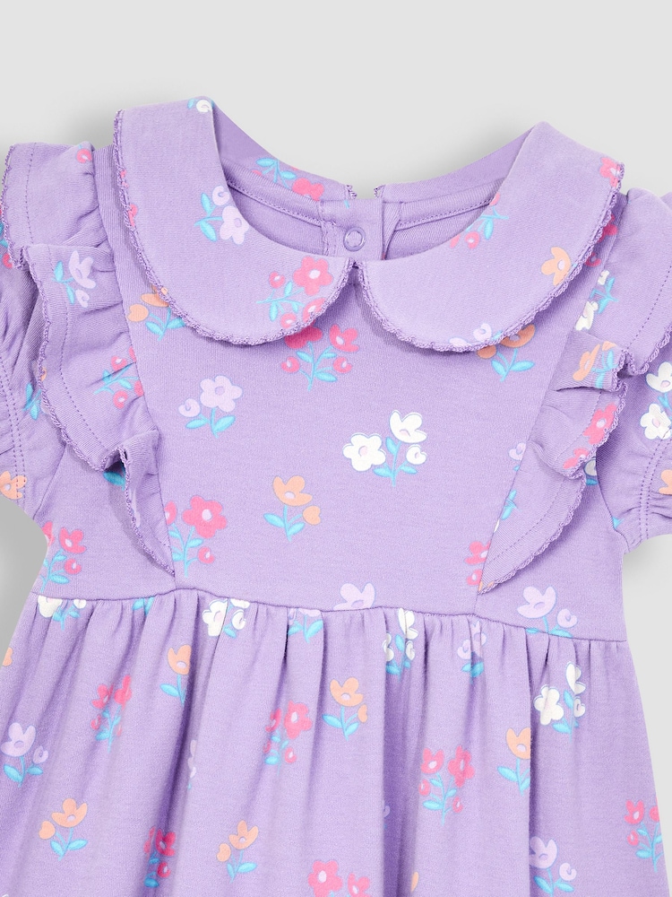 JoJo Maman Bébé Lilac Purple Floral Peter Pan Ruffle Tea Jersey Dress - Image 2 of 3