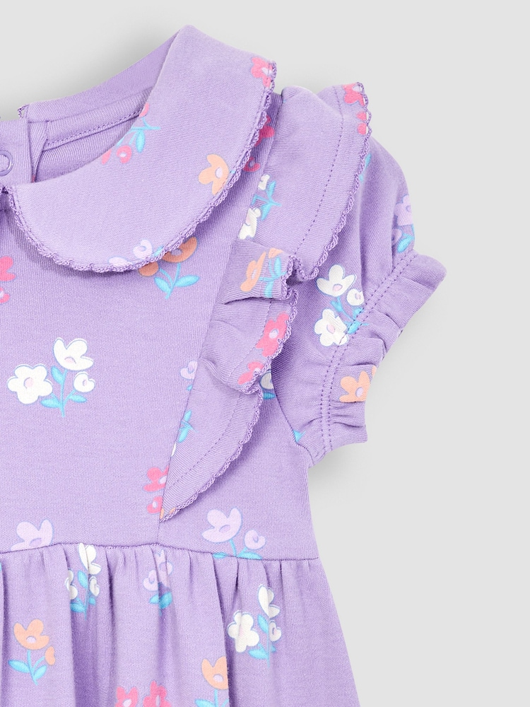JoJo Maman Bébé Lilac Purple Floral Peter Pan Ruffle Tea Jersey Dress - Image 3 of 3