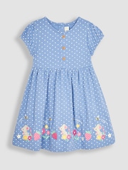 JoJo Maman Bébé Blue Meadow Mouse Appliqué Spot Puff Sleeve Jersey Dress - Image 1 of 3