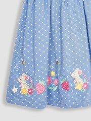 JoJo Maman Bébé Blue Meadow Mouse Appliqué Spot Puff Sleeve Jersey Dress - Image 3 of 3