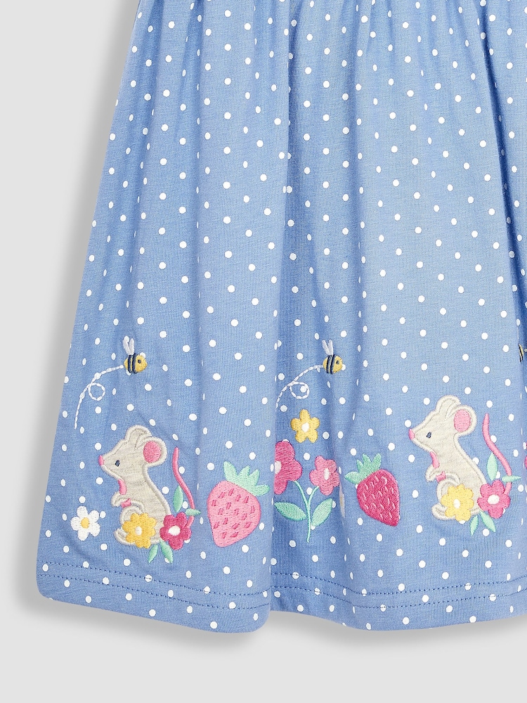 JoJo Maman Bébé Blue Meadow Mouse Appliqué Spot Puff Sleeve Jersey Dress - Image 3 of 3