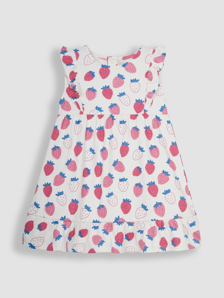 JoJo Maman Bébé Pink Strawberry Frill Shoulder Pretty Summer Jersey Dress - Image 1 of 4