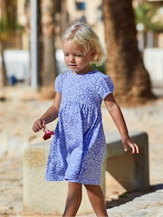 JoJo Maman Bébé Blue Strawberry Ditsy Floral Puff Sleeve Jersey Dress - Image 1 of 4