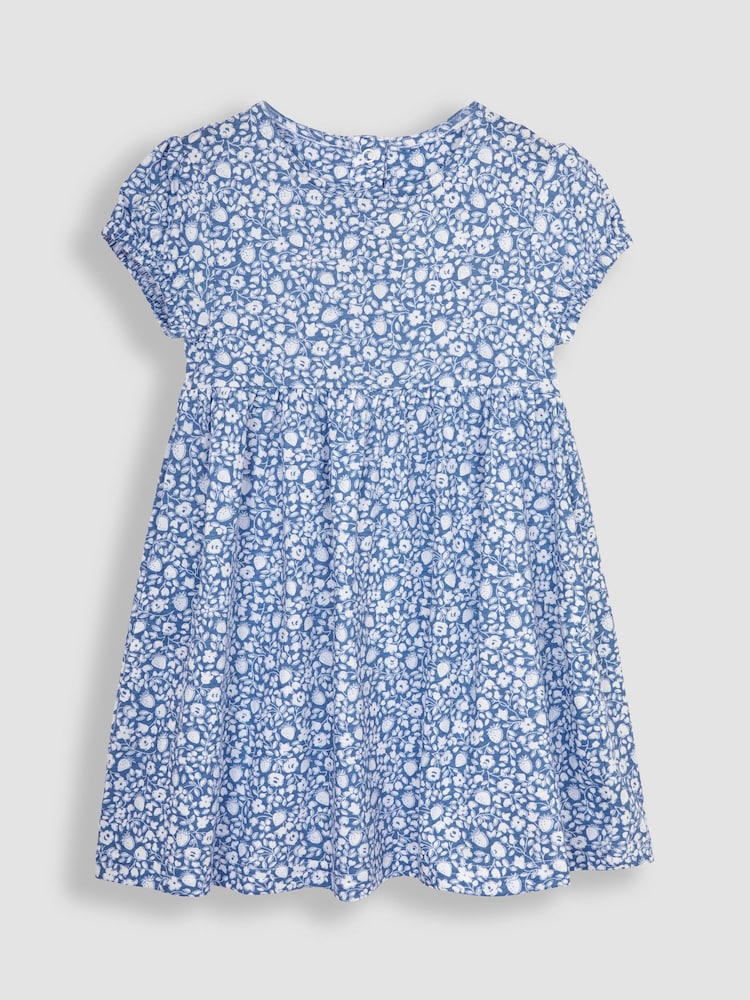 JoJo Maman Bébé Blue Strawberry Ditsy Floral Puff Sleeve Jersey Dress - Image 2 of 4