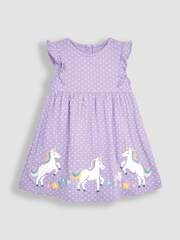 JoJo Maman Bébé Lilac Purple Unicorn Appliqué Frill Shoulder Pretty Summer Jersey Dress - Image 1 of 3