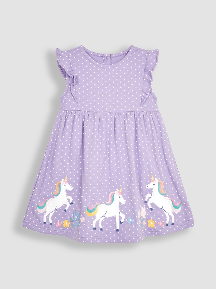 JoJo Maman Bébé Lilac Purple Unicorn Appliqué Frill Shoulder Pretty Summer Jersey Dress - Image 1 of 3